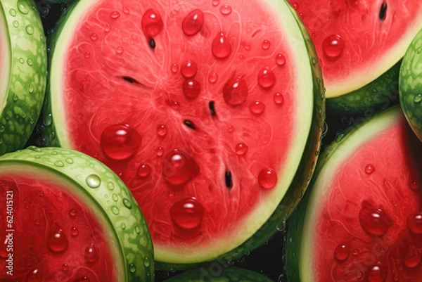 Fototapeta Concept agro industry business. Summer with sale of fresh, ripe, and juicy watermelons with sweet, green slices. A great healthy food and freshness delicious fruit. Generative ai close up