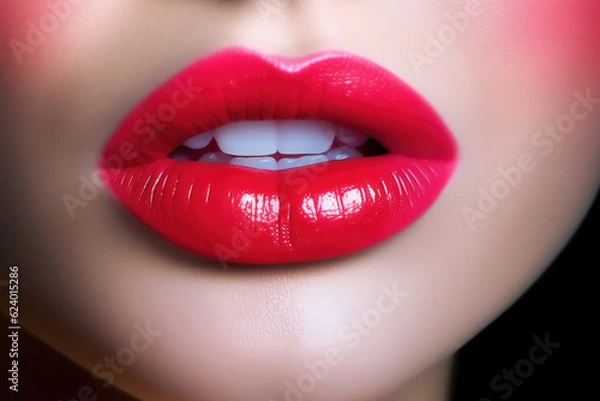Fototapeta The close up of woman mouth shows the beautiful and sensual beauty of red lips. Makeup and lip gloss are sexy and glamorous in detail. Generative ai