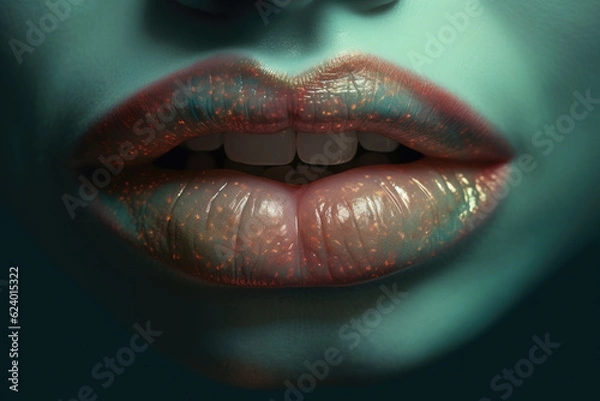 Fototapeta The close up of woman mouth shows the beautiful and sensual beauty of red lips. Makeup and lip gloss are sexy and glamorous in detail. Generative ai