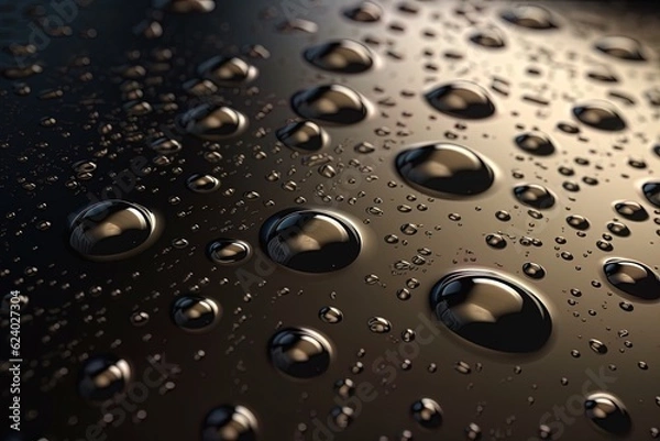 Fototapeta A drops of water close-up on a metal surface. dark background. Generative AI 