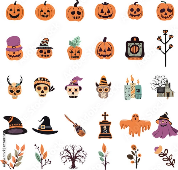 Fototapeta Set of cute halloween design elements collection with autumn colours doodle style. Cute doodle Halloween cute collection with boho colours for kids decoration, party invitation, poster.
