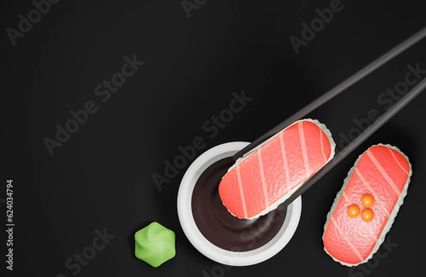 Obraz Flat lay chopsticks holding sushi and soy sauce on black background. Traditional japanese food.,3d model and illustration.