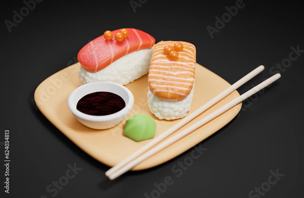 Obraz Traditional japanese sushi with chopsticks and soy sauce on a wooden plate.,3d model and illustration.