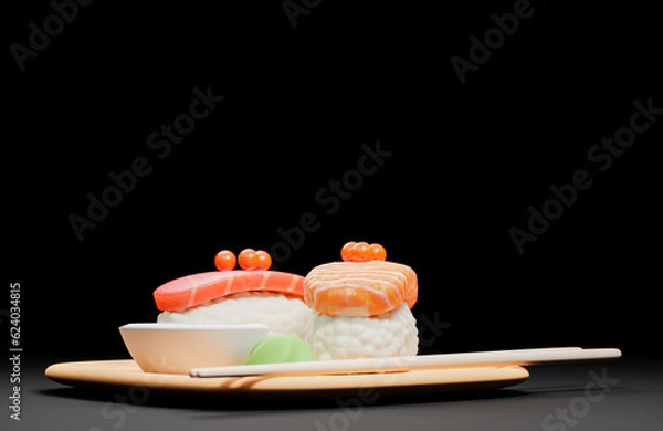 Obraz Traditional japanese sushi with chopsticks and soy sauce on a wooden plate.,3d model and illustration.