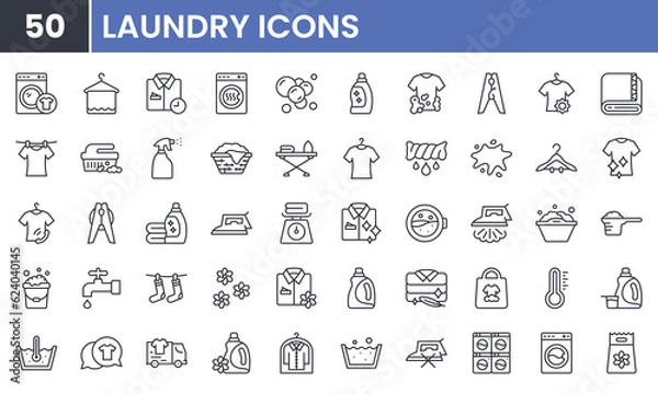 Obraz Laundry and Wash vector line icon set. Contains linear outline icons like Washer, Detergent, Clean, Machine, Dryer, Shirt, Iron, Hanger, Clothes, Softener. Editable use and stroke.