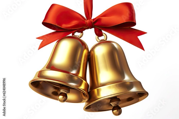 Obraz Elegant Festive Duo Pair of Golden Bells with Red Bow - Symbolic Delight on White Background. created with Generative AI