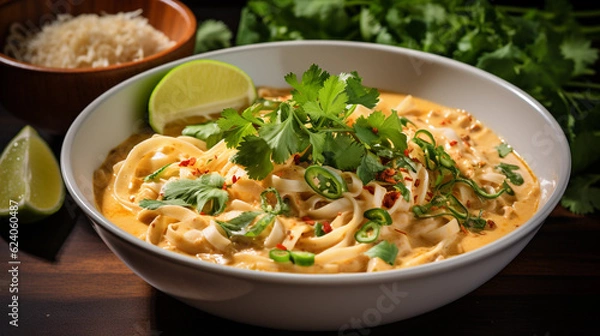 Fototapeta A bowl of creamy and aromatic coconut curry noodles, garnished with cilantro and lime wedges