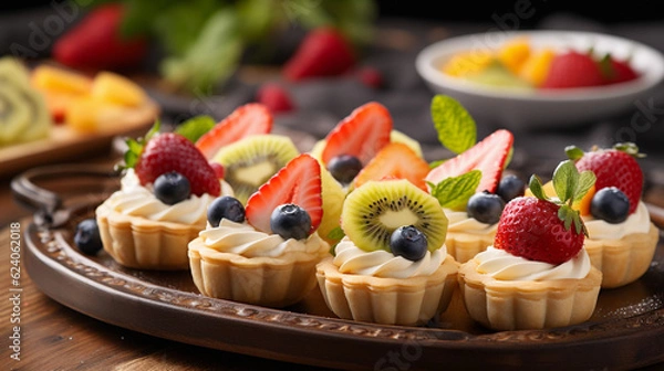 Fototapeta A tray of bite-sized fruit tarts, filled with creamy custard and topped with a variety of fresh fruits