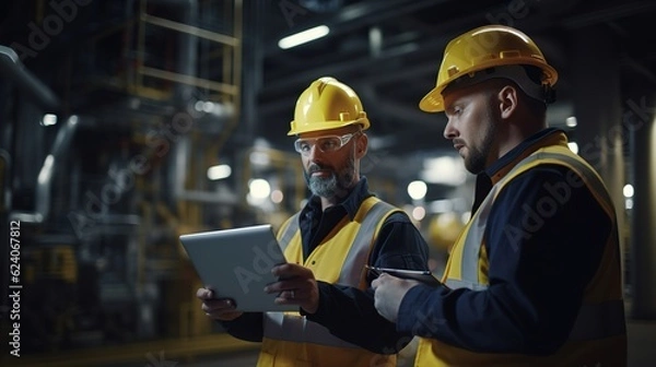 Fototapeta Heavy-duty industrial engineers stand in a pipeline manufacturing facility using digital tablet computers for the construction of products to transport oil, gas and fuel with generative ai