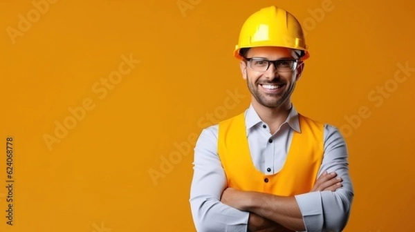 Fototapeta Young architect man wearing builder safety helmet over isolated background happy face smiling with crossed arms with generative ai