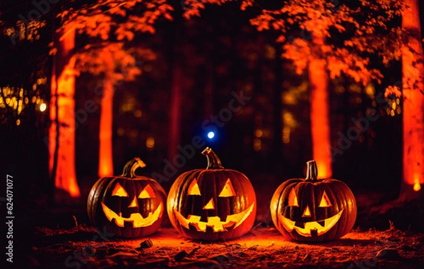 Fototapeta Halloween pumpkins on wooden table in foggy forest. Generative AI