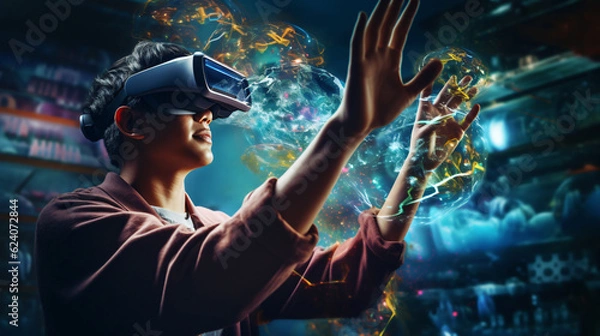 Fototapeta User immersed in augmented reality environment wearing a VR headset, seamlessly blending digital elements with physical world, experiencing innovative gaming and learning opportunities