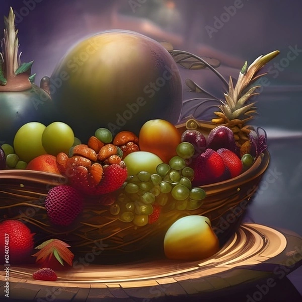 Fototapeta autumn still life, basket full of fruits 