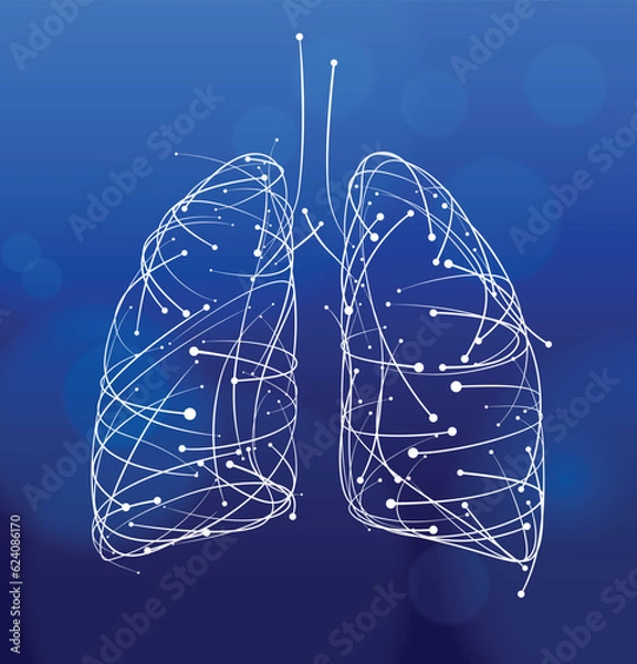 Fototapeta Illustration of curves and dots arranged to form the shape of a human lung on a dark blue background. It feels modern, dynamic, and moderately tech-savvy. Used in medical and industry