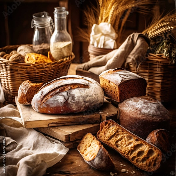Fototapeta Composition with bread and bakery products on dark background. Bakery concept. Generative AI technology.