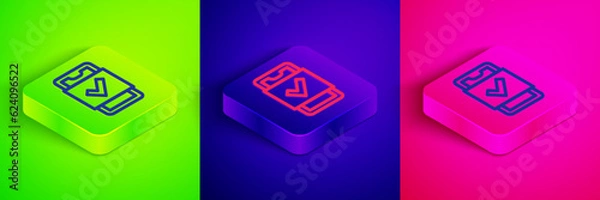Fototapeta Isometric line Mobile phone shopping icon isolated on green, blue and pink background. Online buying symbol. Supermarket basket symbol. Square button. Vector