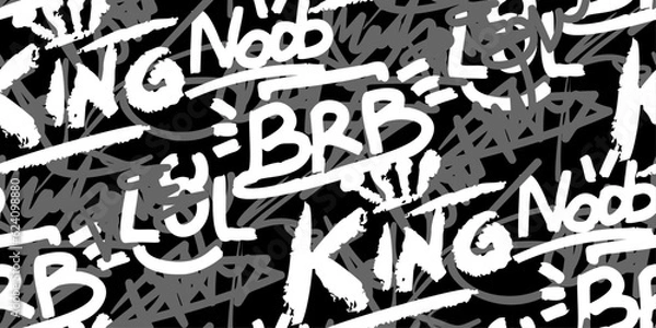Fototapeta Graffiti seamless pattern, monochrome black and white with tag lettering abstract