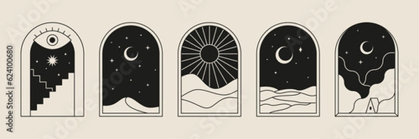 Obraz Boho frame arch vector illustration modern minimalistic retro aesthetic linear arc portal logo bohemian design element mystical geometric abstract border