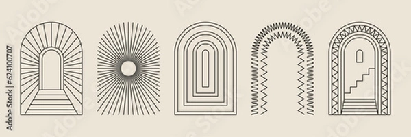 Obraz Boho frame arch vector illustration modern minimalistic retro aesthetic linear arc portal logo bohemian design element mystical geometric abstract border