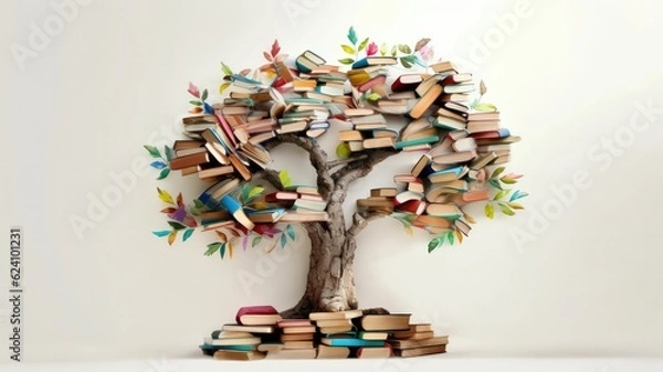 Obraz International literacy day concept with tree with books like leaves. Literacy, education, knowledge concept with color books on tree on white background