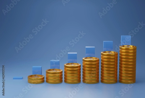 Fototapeta gold coin stacking with graph 3D render minimal background for business concept financial, banking and investment with money growth success.
