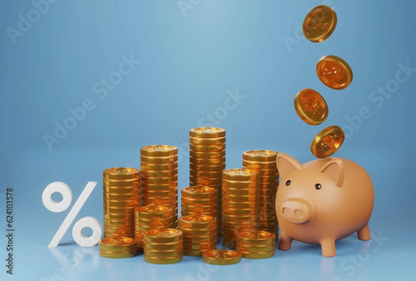 Fototapeta piggy bank with gold coin stacking and falling 3D render minimal background for business concept financial, banking and investment with money growth success.