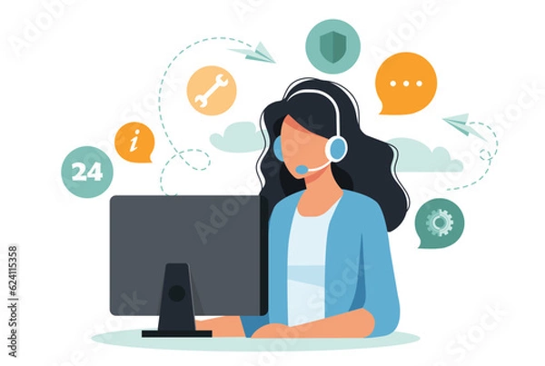 Fototapeta Live support concept. Business customer care service concept. Icon for contact us, support, help, phone call and website click. Flat vector illustration.	
