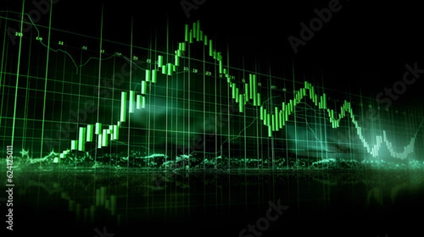 Fototapeta exponential graph, increasing bar graph upward to the right, green, cash increasing, profit, lots of money, business dashboard, (Generative AI)