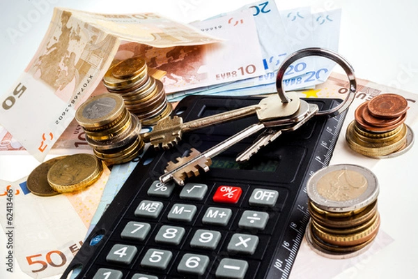 Fototapeta Money, calculator and keys.
