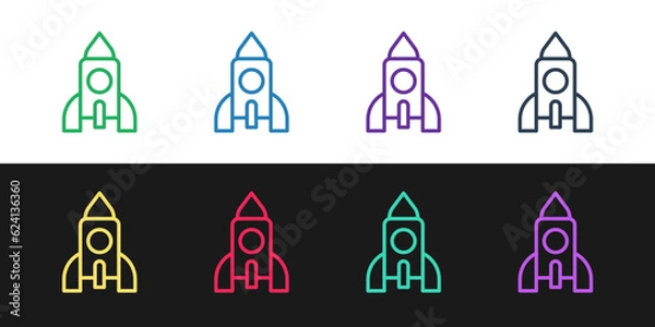 Fototapeta Set line Rocket ship toy icon isolated on black and white background. Space travel. Vector