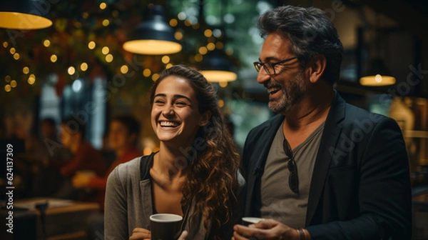 Fototapeta Manager and waitress laughing. Looking to digital tablet standing in cafe or restaurant. Small business concept.