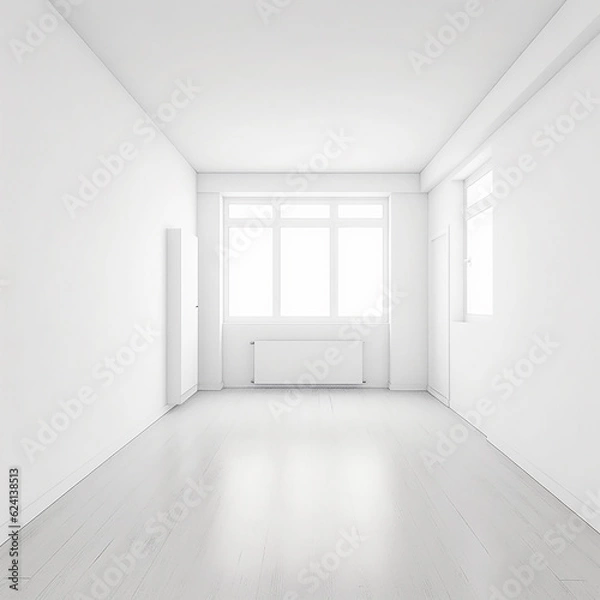 Fototapeta Empty white room, room with white walls, floor and ceiling without furniture, generative ai
