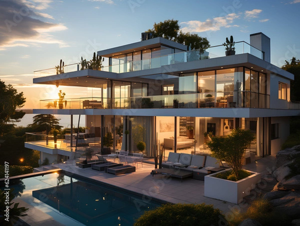 Fototapeta spacious modern villa with large windows, AI Generation