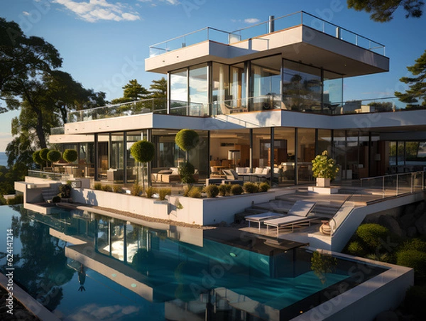 Fototapeta spacious modern villa with large windows, AI Generation