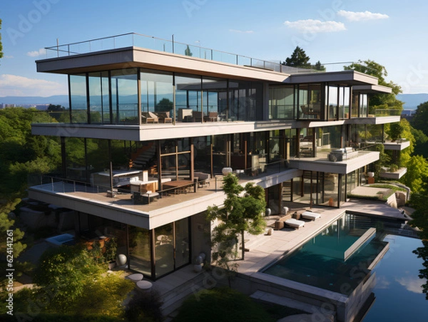 Fototapeta spacious modern villa with large windows, AI Generation