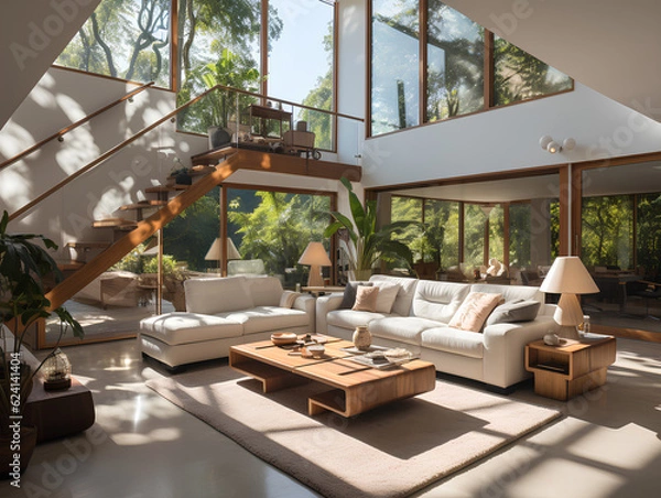 Fototapeta spacious modern villa with large windows, AI Generation