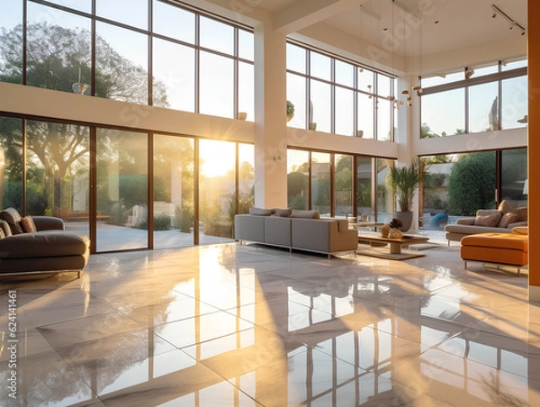Fototapeta spacious modern villa with large windows, AI Generation