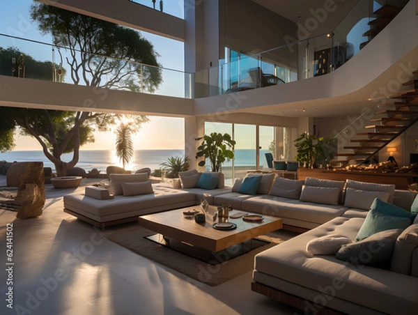 Fototapeta spacious modern villa with large windows, AI Generation