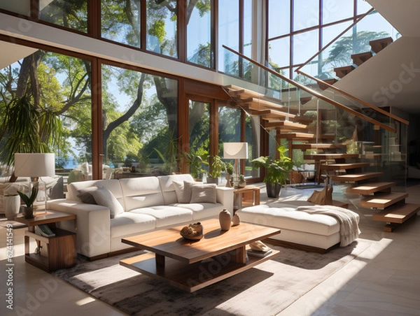 Fototapeta spacious modern villa with large windows, AI Generation