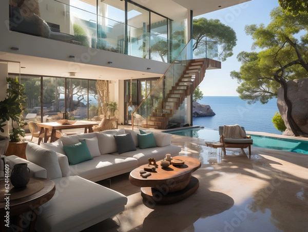 Fototapeta spacious modern villa with large windows, AI Generation