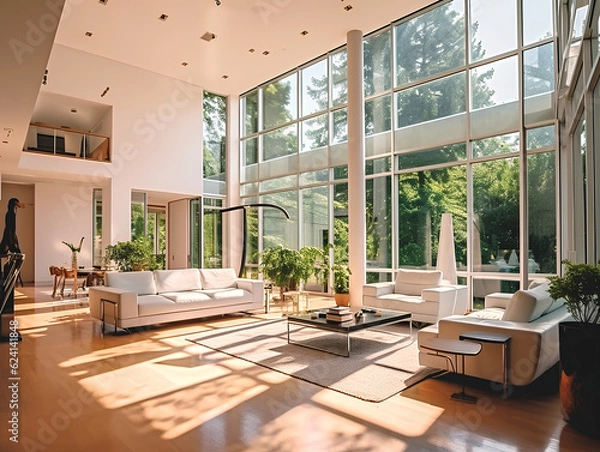 Fototapeta spacious modern villa with large windows, AI Generation