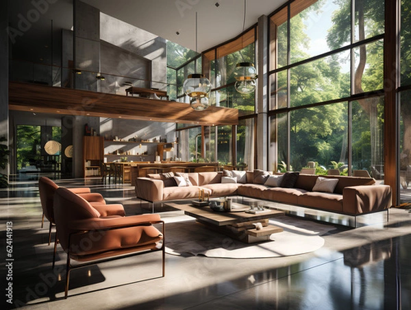 Fototapeta spacious modern villa with large windows, AI Generation