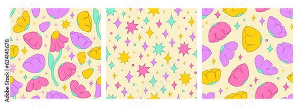 Fototapeta Set of seamless patterns with various flowers and stars. Cute pastel vector backgrounds in kawaii style