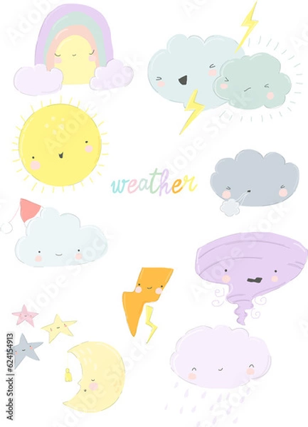 Fototapeta Cute Weather Set. Emotional Weather Forecast. Cute Sun and Happy Clouds. Vector Set