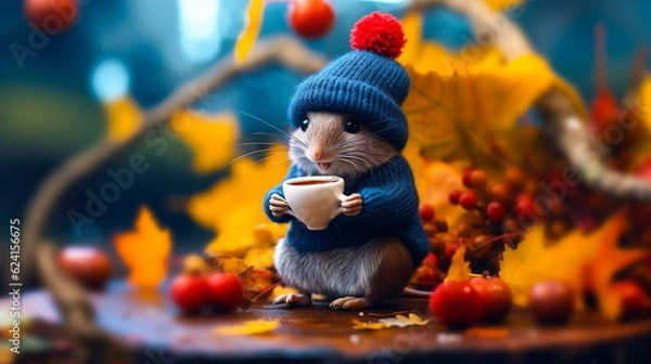Obraz A cute little mouse in a knitted hat and sweater drinks tea from a cup against the backdrop of an autumn forest. A beautiful Thanksgiving card.Generative AI