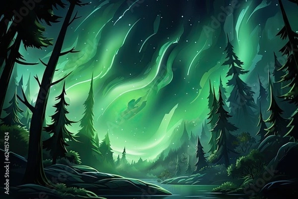 Fototapeta Trees below, aurora lights shine brightly in night sky. (Generative AI)