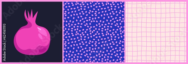 Fototapeta set of prints with pomegranate, mesh and dots. a modern selection of stylized prints in blue and pink.