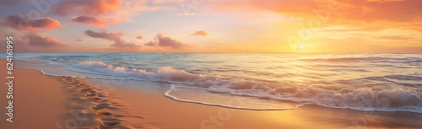 Fototapeta Summer Vacation background - Footprints on tropical beach at sunset time