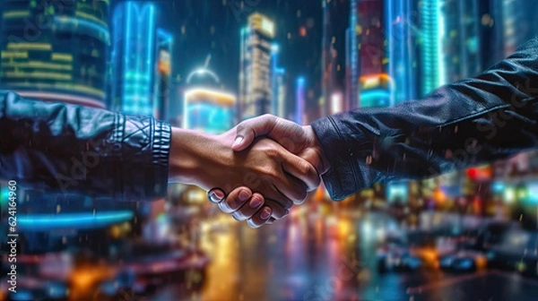 Fototapeta Business shaking hands, finishing up meeting. Successful businessmen handshaking after good deal. Business partner support together. Generative AI