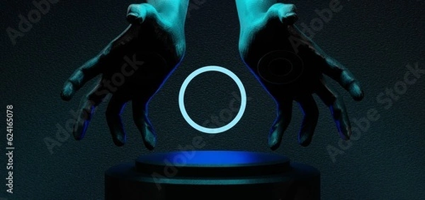 Fototapeta futuristic gaming esports background abstract wallpaper, cyberpunk style scifi game, stage concert scene in pedestal display room, led neon glow light, 3d illustration rendering